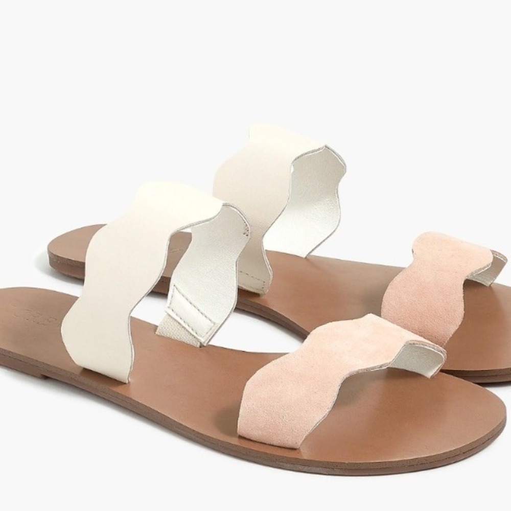 J.Crew Scalloped Slide Sandals Cream Blush Pink Leather Suede Flats Womens 7